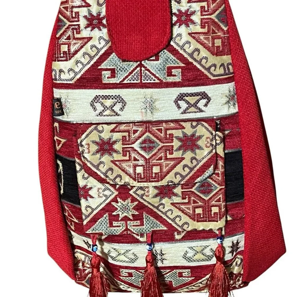 Kilim Tapestry‎ Red Folk Art Evil Eye Magnetic & Zip Shoulder Bag